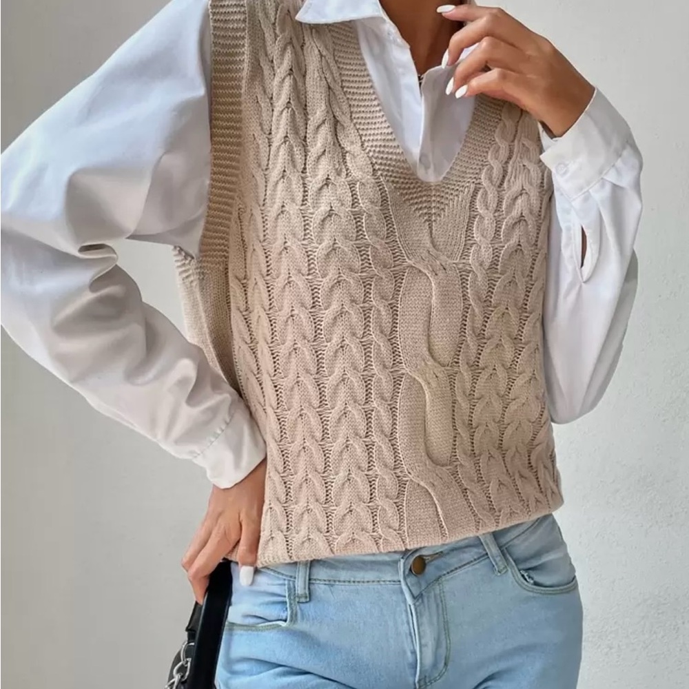 SHEIN Beige Cable Knit V-Neck Sweater Vest